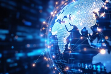 Abstract digital globe with glowing connections and binary code in blue light background.