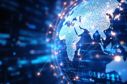 Abstract digital globe with glowing connections and binary code in blue light background.