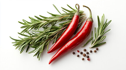 Fototapeta premium A neat arrangement of fresh rosemary and a bright red chili pepper, isolated on white, capturing the essence of flavor.