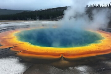 Vibrant colors of the geothermal spring in Yellowstone National Park on a cloudy day