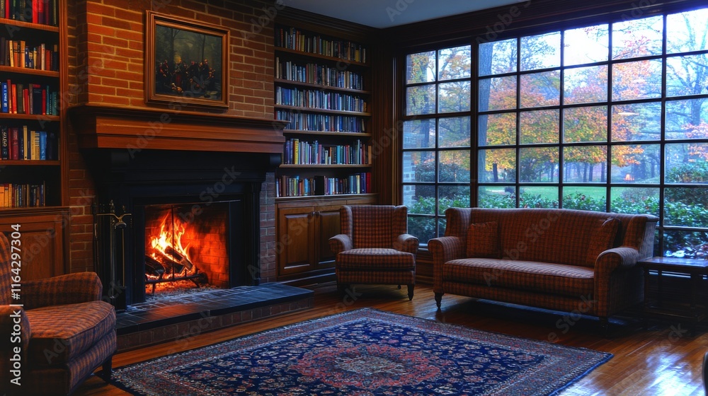 Poster A warm and inviting reading area features a fireplace with crackling flames, surrounded by bookshelves and comfortable seating. Autumn colors can be seen through large windows.