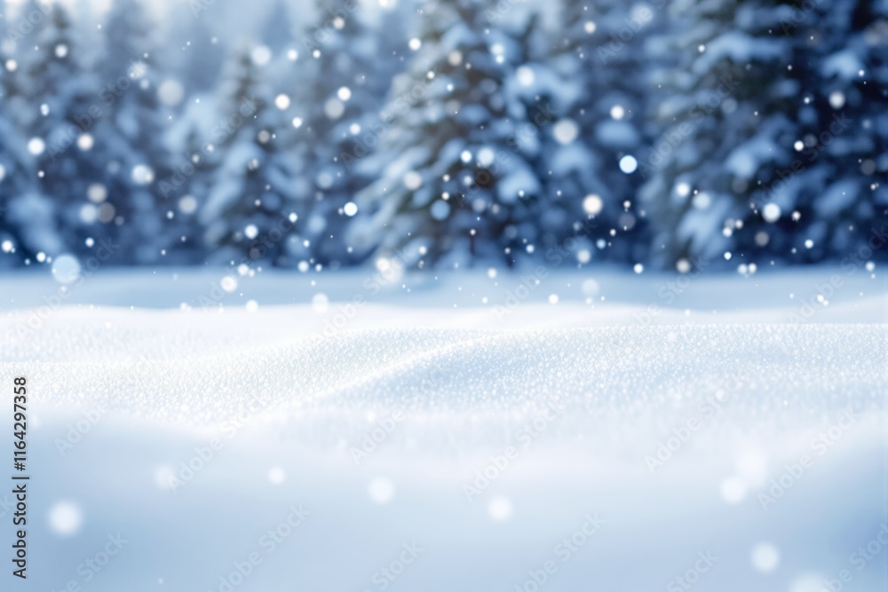 Poster winter snowflakes falling on soft snow surface with blurred snowy forest in background.