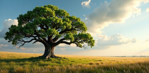 Fototapeta premium Ancient oak, sprawling branches, solitary field, bark, solitary