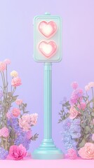 A whimsical traffic light design features heart-shaped signals, surrounded by vibrant flowers against a soft pastel background.
