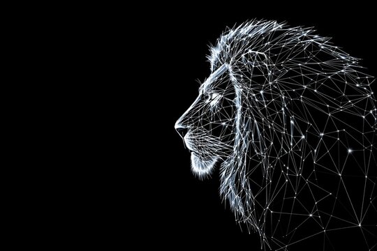 Abstract lion profile with glowing polygonal connections on black background.
