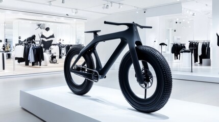 Modern black fat bike displayed in an upscale fashion boutique during the day