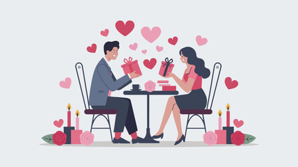 A flat vector illustration of two people sitting at a caf&eacute; table, exchanging gifts with heart-shaped decorations around them, celebrating Valentine&rsquo;s Day