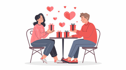 A flat vector illustration of two people sitting at a café table, exchanging gifts with heart-shaped decorations around them, celebrating Valentine’s Day