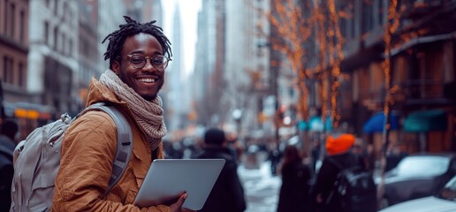 Smiling Black male with glasses holding a laptop in a busy city street during winter.