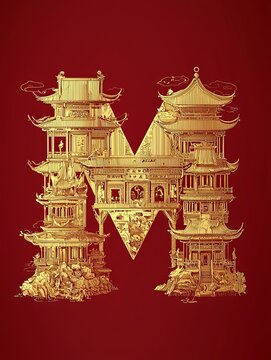 A series of golden illustrations of famous Chinese architecture form the shape of the letter M, with a pure red background, fine texture, more details, and realism 