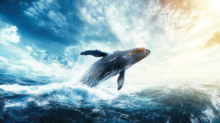 Majestic humpback whale breaching ocean waves under a vibrant sky