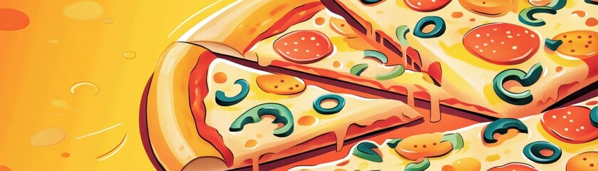 A vibrant, colorful illustration of a pizza with various toppings, including pepperoni and vegetables, set against a bright yellow background.