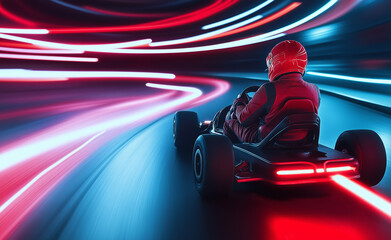 Racer in a go-kart speeding through a futuristic neon-lit track with dynamic red and blue light trails.
