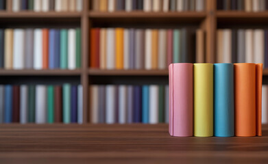 Stacked hardcover books on a wooden table with a blurred bookshelf in the background.