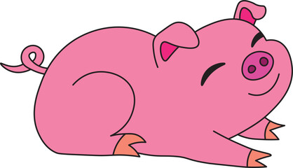 a contented happy piglet lies and smiles with his eyes closed and his paws stretched out