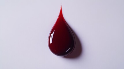Obraz premium A smooth droplet of dark red liquid ore blood rests on a flat surface, catching light and casting a delicate shadow. The plain background provides ample copy space for text or design elements