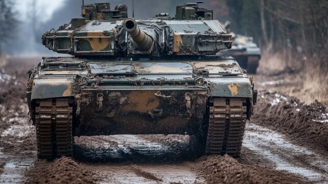 Heavy military tanks navigate muddy roads in a dense forest during a training exercise. The weather appears overcast, adding to the challenging conditions of the terrain