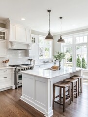 Fototapeta premium Bright White Kitchen Island With Wooden Stools And Natural Light