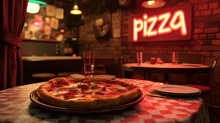A cozy restaurant scene featuring a delicious pizza on a table, illuminated by a glowing neon "pizza" sign in a warm, inviting atmosphere.