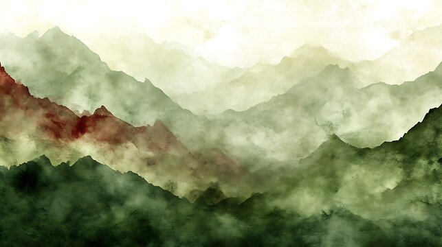Misty Mountainscape Green Hues Enveloping Peaks