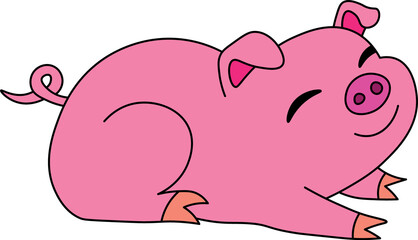 a contented happy piglet lies and smiles with his eyes closed and his paws stretched out