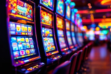 Vibrant slot machines in a colorful casino setting with blurred lights in the background.