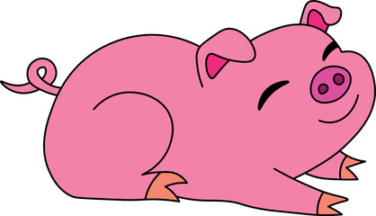 a contented happy piglet lies and smiles with his eyes closed and his paws stretched out