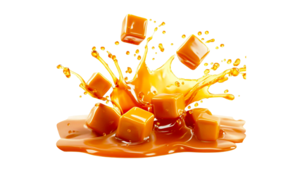 Delicious splash of caramel candies with cube isolated on transparent background