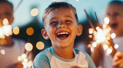 Happy child laughing and holding sparklers during a festive evening celebration with warm lights in the background.