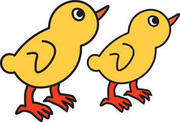 two yellow little chickens stand and look up