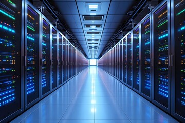 Modern data center hallway with glowing servers and bright central light.