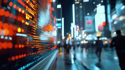 Urban street scene with glowing orange stock market graphs reflected on glass buildings at night.