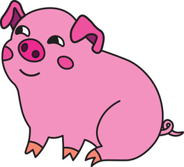 a contented happy pig sits, smiles and looks slyly