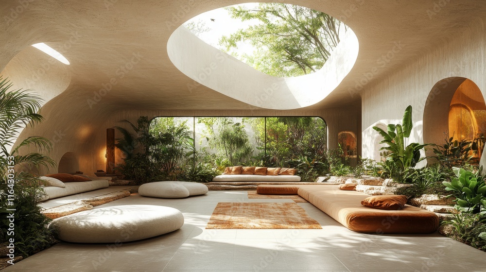 Aufkleber a spacious indoor area filled with natural light, featuring a blend of comfortable seating and lush 