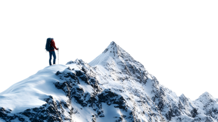 Hiker on top of the mountain on transparent background   