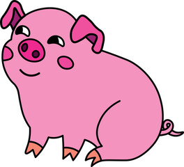 a contented happy pig sits, smiles and looks slyly