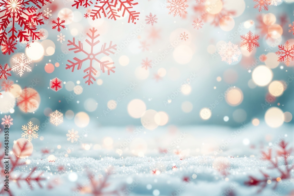 Poster festive snowflakes and bokeh lights overlay on snowy surface.