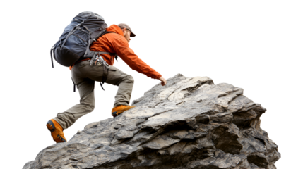 Hiker on top of the mountain on transparent background   