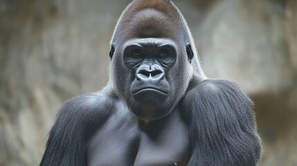Obraz premium A majestic gorilla stares with piercing eyes, its monochrome fur contrasting starkly against the background. Its massive frame exudes a primal power