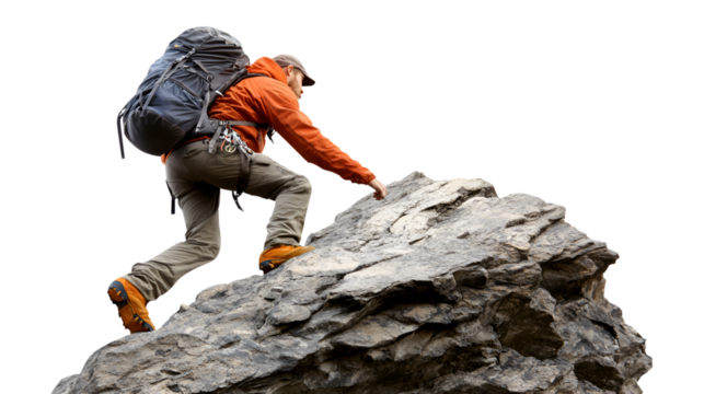 Hiker on top of the mountain on transparent background   