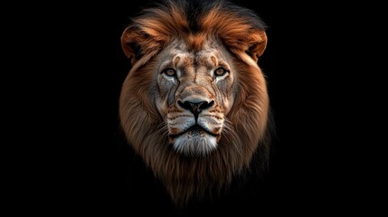 Fototapeta premium A majestic lion isolated against a black backdrop. The portrait captures the lion's regal presence, showcasing its striking features and powerful gaze. The dark background enhances the contrast