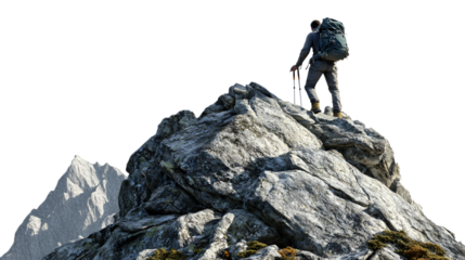Hiker on top of the mountain on transparent background   