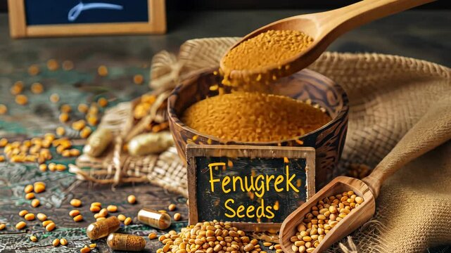 Fenugreek seeds supplements and capsules. Selective focus. food.