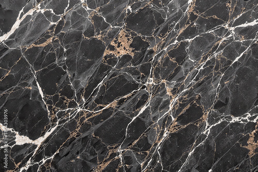 Poster black marble texture with white and gold veins creating a luxurious and elegant pattern.
