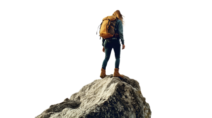Hiker on top of the mountain on transparent background   