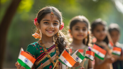 Fototapeta premium A diverse group of Indian people from different states, wearing their traditional outfits, celebrating Republic Day together, vibrant rural and urban backgrounds, unity in diversity theme, realistic