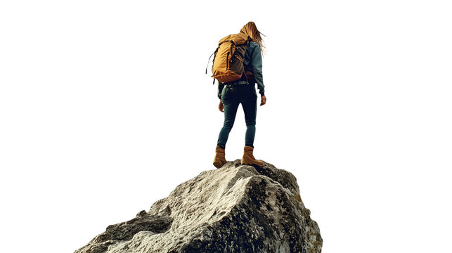 Hiker on top of the mountain on transparent background   