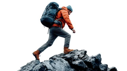 Hiker on top of the mountain on transparent background   