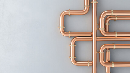 Modern copper pipe with industrial-style fittings mounted on a gray concrete wall.