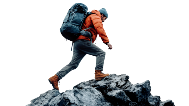 Hiker on top of the mountain on transparent background   